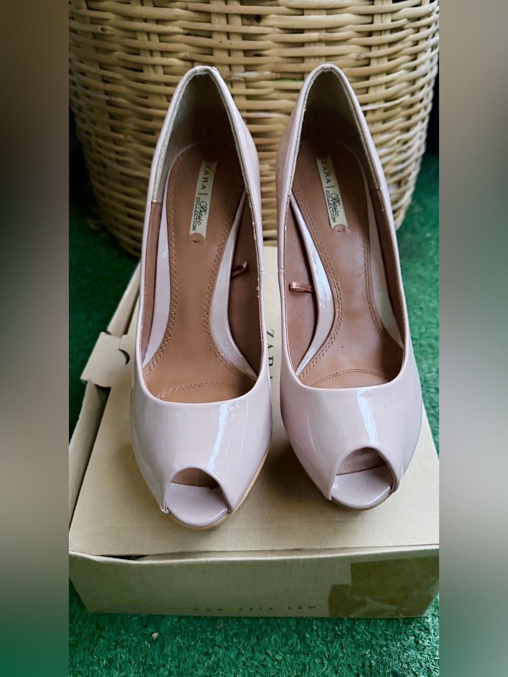 ZARA Blush Pink Nude Patent Peep-Toe Heels - Picture 2 of 6